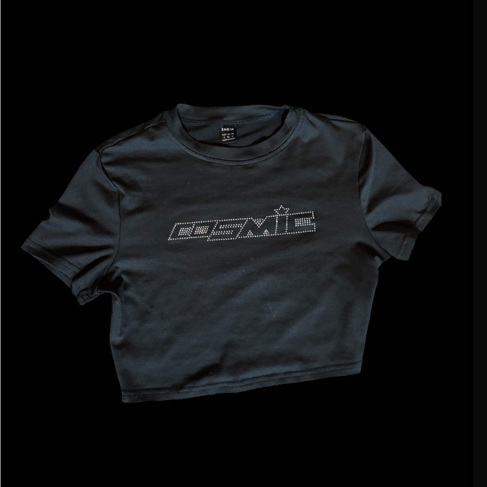 black bedazzled “cosmic” printed crop top :3